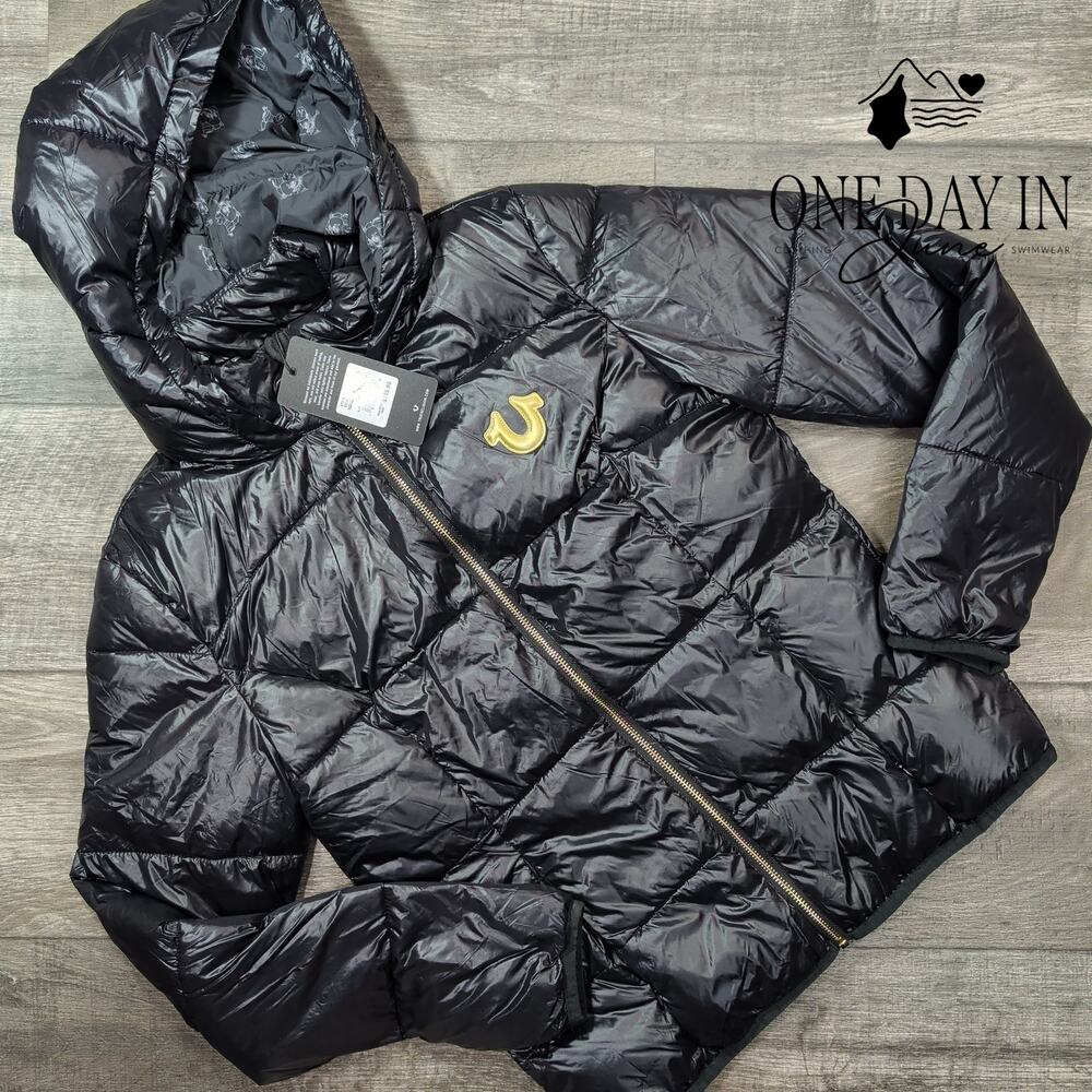 True Religion Hooded Puffer Jacket Jet Black Gold Horseshoe NWT Size M